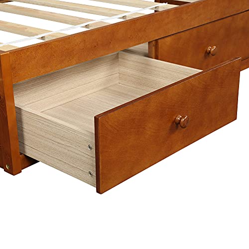 SOFTSEA Storage Bed with Drawers for Kids Twin Bed Frame Wood Platform Bed Frame with Wood Slat Support, No Box Spring Needed (Oak)