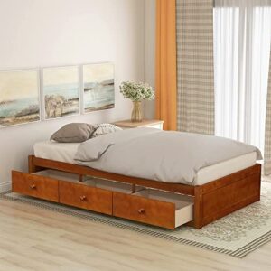 SOFTSEA Storage Bed with Drawers for Kids Twin Bed Frame Wood Platform Bed Frame with Wood Slat Support, No Box Spring Needed (Oak)