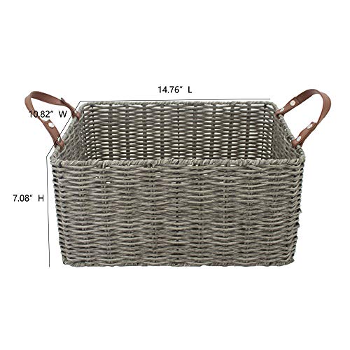 HDKJ PP Tube Storage Basket with handle,Rectangular storage basket,Decorative Home Storage Bins. (Gray, Large)