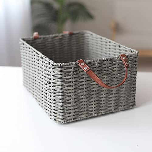 HDKJ PP Tube Storage Basket with handle,Rectangular storage basket,Decorative Home Storage Bins. (Gray, Large)