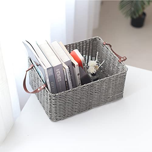 HDKJ PP Tube Storage Basket with handle,Rectangular storage basket,Decorative Home Storage Bins. (Gray, Large)