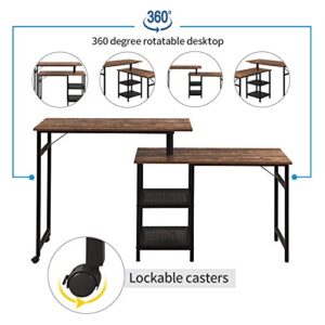 TITA-DONG L-Shaped Computer Desk,Industrial Office Desk with 2-Tier Storage Shelves,Multifunctional Adjustable Rotating Double Corner Computer Desk for Home Office