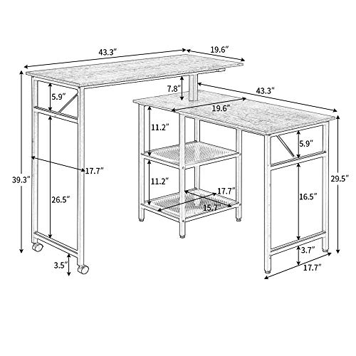 TITA-DONG L-Shaped Computer Desk,Industrial Office Desk with 2-Tier Storage Shelves,Multifunctional Adjustable Rotating Double Corner Computer Desk for Home Office