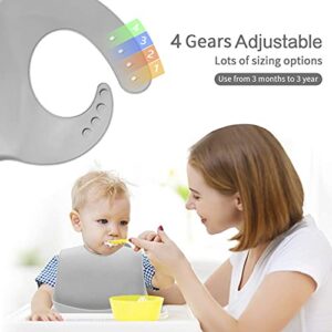 GODR7OY Baby Silicone Bibs, BPA Free Waterproof Silicone Bibs with Food Catcher, Bibs for Toddlers, 4 Sizes Adjustable, Soft and Easy Clean, Unisex Cute Bibs (Gray Cool, 2 Pack)