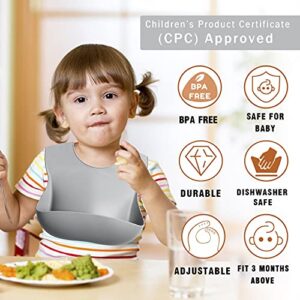 GODR7OY Baby Silicone Bibs, BPA Free Waterproof Silicone Bibs with Food Catcher, Bibs for Toddlers, 4 Sizes Adjustable, Soft and Easy Clean, Unisex Cute Bibs (Gray Cool, 2 Pack)