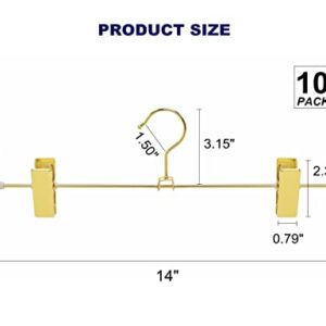 Amber Home Extra Length 14" Shiny Gold Metal Pants Hangers 10 Pack, Adjustable Big Clip Metal Skirt Hangers, Gold Clip Hangers for Jeans Trouser (10 Pack)