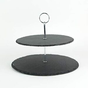 Two-Tier Round Slate Stone and Chromed Metal Country Farmhouse Serving Tray Kitchen Décor 11.75 Inch Diameter