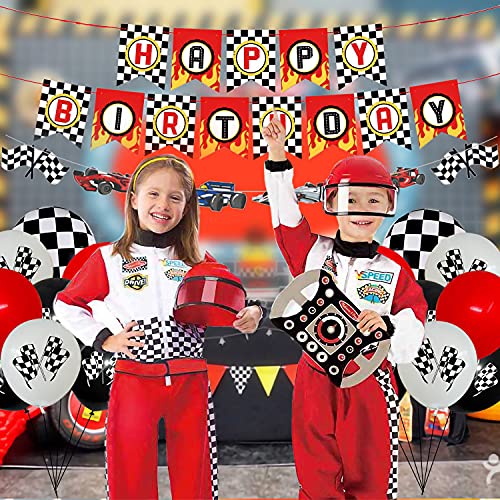 Racing Car Two Fast Birthday Decorations for Kids Boys Racing Theme 2nd Party Supplies With Banner, Cake Toppers and Checkered Balloons for Let's go Racing