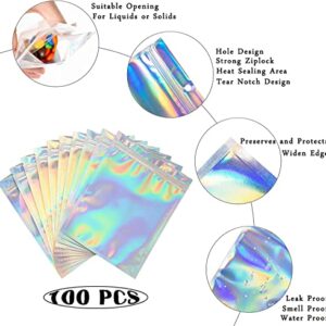 100 Pack Resealable Smell Proof Bags Mylar Bags Aluminum Foil Packaging Plastic Bag,Small Mylar Storage Bags for Candy,Jewelry,Party,Holographic Rainbow Color (3 x 4.7 inch)