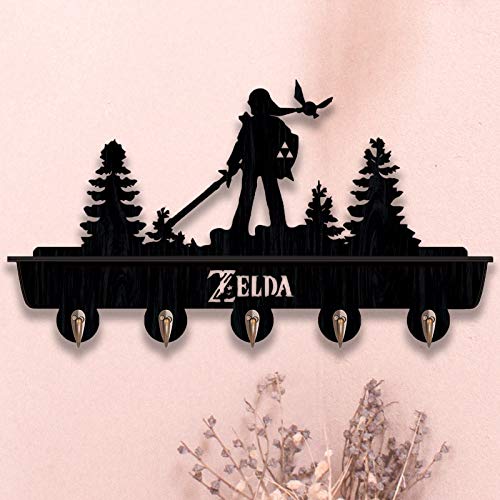 Game Zelda Decor Wall Mounted Hat Rack Key Hook Coat Hook,Wooden Storage Rack for Hallway, Bathroom, Living Room, Bedroom, Kitchen,Black,5 Metal Hooks,11lbs