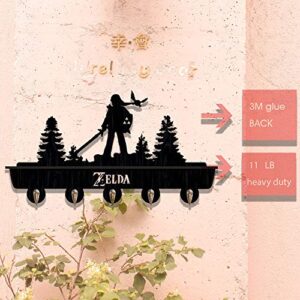 Game Zelda Decor Wall Mounted Hat Rack Key Hook Coat Hook,Wooden Storage Rack for Hallway, Bathroom, Living Room, Bedroom, Kitchen,Black,5 Metal Hooks,11lbs