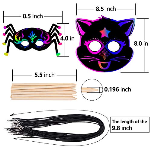 KXCOFTXI Halloween Mask Craft Kit for Kids, 52 Pcs Kids Magic Scratch Paper Animal Masks, DIY Rainbow Scratch Art Masks for Halloween and Animal Birthday Party