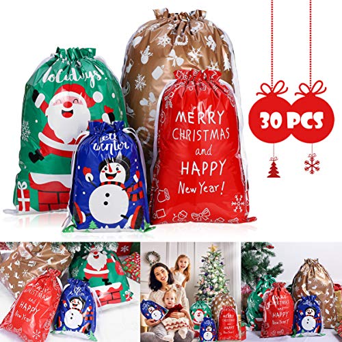 30PCS Christmas Drawstring Gift Bags Assorted Sizes Christmas Gift Wrapping Bags For Christmas Party Classroom Party Gift Giving