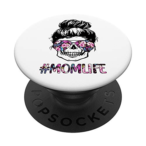 Pink Floral Mom Life Messy Bun Sugar Skull PopSockets PopGrip: Swappable Grip for Phones & Tablets