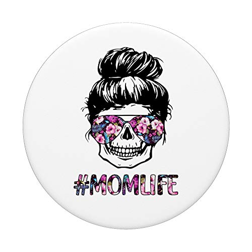 Pink Floral Mom Life Messy Bun Sugar Skull PopSockets PopGrip: Swappable Grip for Phones & Tablets