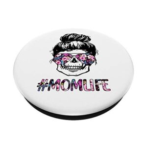 Pink Floral Mom Life Messy Bun Sugar Skull PopSockets PopGrip: Swappable Grip for Phones & Tablets