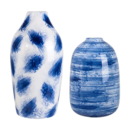 TERESA'S COLLECTIONS Blue Ceramic Vase for Modern Home Decor, Blue and White Vases for Flowers, Glazed Vases with Brush Effect for Centerpieces, Shelf, Living Room, Mantel -Set of 2, 7&8 inches