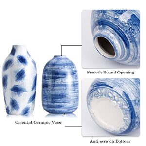 TERESA'S COLLECTIONS Blue Ceramic Vase for Modern Home Decor, Blue and White Vases for Flowers, Glazed Vases with Brush Effect for Centerpieces, Shelf, Living Room, Mantel -Set of 2, 7&8 inches