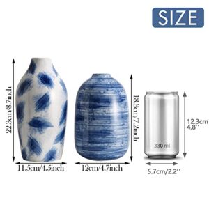 TERESA'S COLLECTIONS Blue Ceramic Vase for Modern Home Decor, Blue and White Vases for Flowers, Glazed Vases with Brush Effect for Centerpieces, Shelf, Living Room, Mantel -Set of 2, 7&8 inches