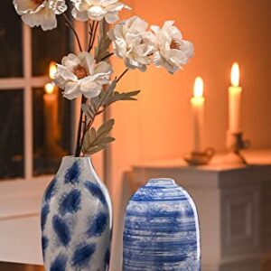 TERESA'S COLLECTIONS Blue Ceramic Vase for Modern Home Decor, Blue and White Vases for Flowers, Glazed Vases with Brush Effect for Centerpieces, Shelf, Living Room, Mantel -Set of 2, 7&8 inches