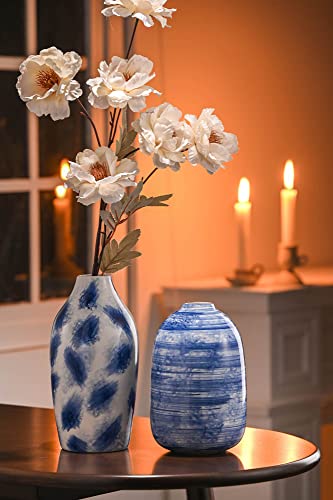 TERESA'S COLLECTIONS Blue Ceramic Vase for Modern Home Decor, Blue and White Vases for Flowers, Glazed Vases with Brush Effect for Centerpieces, Shelf, Living Room, Mantel -Set of 2, 7&8 inches