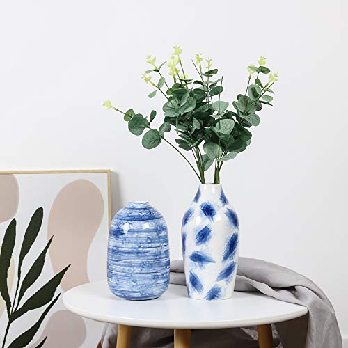 TERESA'S COLLECTIONS Blue Ceramic Vase for Modern Home Decor, Blue and White Vases for Flowers, Glazed Vases with Brush Effect for Centerpieces, Shelf, Living Room, Mantel -Set of 2, 7&8 inches