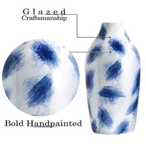 TERESA'S COLLECTIONS Blue Ceramic Vase for Modern Home Decor, Blue and White Vases for Flowers, Glazed Vases with Brush Effect for Centerpieces, Shelf, Living Room, Mantel -Set of 2, 7&8 inches