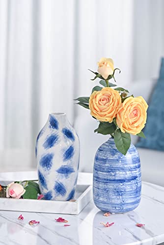 TERESA'S COLLECTIONS Blue Ceramic Vase for Modern Home Decor, Blue and White Vases for Flowers, Glazed Vases with Brush Effect for Centerpieces, Shelf, Living Room, Mantel -Set of 2, 7&8 inches