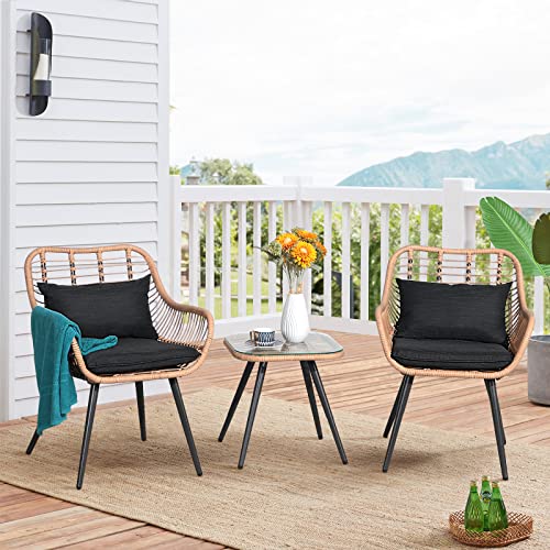 JOIVI 3-Piece Patio Set, Outdoor Wicker Conversation Bistro Sets for Porch, Backyard with Square Glass Top Coffee Table, Cushions and Lumbar Pillows