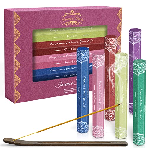 Incense, Scented Incense Sticks, Incense Gifts Sandalwood, Patchouli, African Violet, Strawberry, Jasmine, Wild Cherry, Gifts for Mothers Day120 Sticks Including a Holder