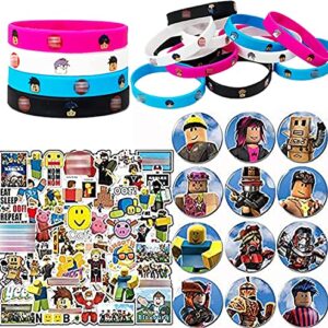 VIdeo Games Party Favors, 74Pcs Video Game Birthday Decorations Kit Include 12 Bracelets,12 Button Pins, 50 Stickers Party Supplies for Boys and Girls