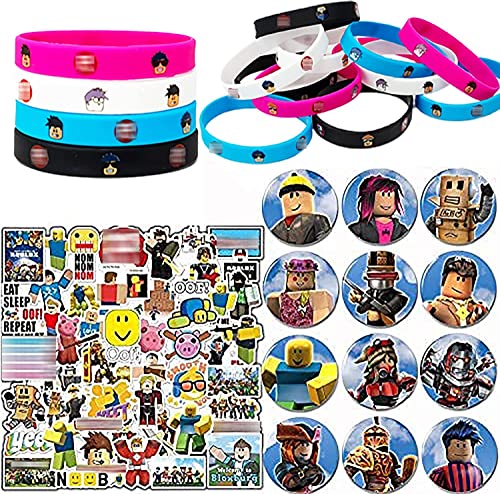 VIdeo Games Party Favors, 74Pcs Video Game Birthday Decorations Kit Include 12 Bracelets,12 Button Pins, 50 Stickers Party Supplies for Boys and Girls