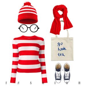 Geyoga 4 Pieces Red White Knit Beanies Hat and Glasses Frames Set Costumes Red White Pom Pom Cuff Beanie Hat and Round Retro Nerd No Lenses Glasses for Christmas Costumes Party Accessory