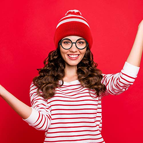 Geyoga 4 Pieces Red White Knit Beanies Hat and Glasses Frames Set Costumes Red White Pom Pom Cuff Beanie Hat and Round Retro Nerd No Lenses Glasses for Christmas Costumes Party Accessory