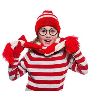 Geyoga 4 Pieces Red White Knit Beanies Hat and Glasses Frames Set Costumes Red White Pom Pom Cuff Beanie Hat and Round Retro Nerd No Lenses Glasses for Christmas Costumes Party Accessory