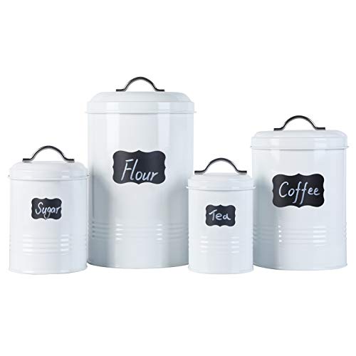 Nesting Canisters Sets for the Kitchen, Set of 4 Airtight White Farmhouse Canister Jars with Removable Chalkboard Labels and Marker, for Flour Sugar Coffee Tea Storage