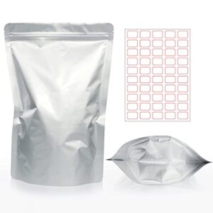 50 PCS（8x12 inch）Stand Up Mylar Aluminum Foil Bags, Silver Resealable Smell Proof Bags with Label sticker，Family Daily life for Food long-term Storage Coffee,Tea,Cereal