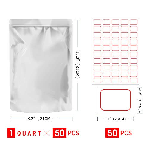 50 PCS（8x12 inch）Stand Up Mylar Aluminum Foil Bags, Silver Resealable Smell Proof Bags with Label sticker，Family Daily life for Food long-term Storage Coffee,Tea,Cereal