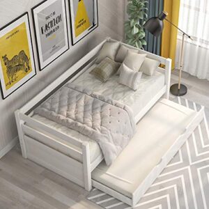 Merax Twin Daybed with Trundle, Solid Wood Captains Bed Twin Size Sofa Bed Frame (White)