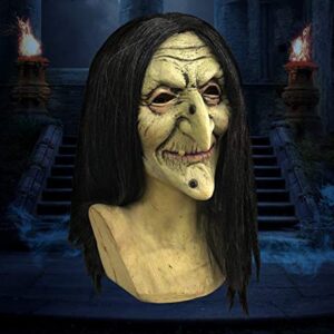 Old Woman Witch Mask Green Face Halloween Creepy Scary Horror Cosplay Costume 2022 with 100% Natural Latex Stretch 2 Times Refined Eyes