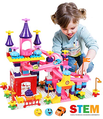 Castle Building Blocks Set Toys for Girls Princess Castle Large Building Blocks Bricks Race Track Kids STEM Educational Construction Roller Coaster Toys for Age 3+ Toddler Kid Boy Girl Gift Toy 161Pcs