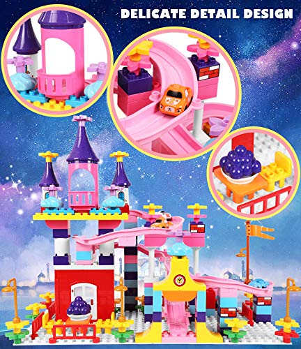 Castle Building Blocks Set Toys for Girls Princess Castle Large Building Blocks Bricks Race Track Kids STEM Educational Construction Roller Coaster Toys for Age 3+ Toddler Kid Boy Girl Gift Toy 161Pcs