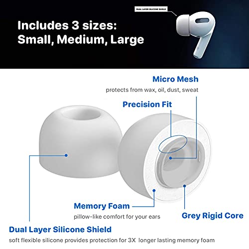 CharJenPro Patented Design Memory Foam Ear Tips for AirPods Pro and AirPods Pro 2 w/Silicone Shield. AirFoams Pro Active 2.0 Lasts 5X Longer. Replacement Tip. As seen on Kickstarter. (S/M/L, White)