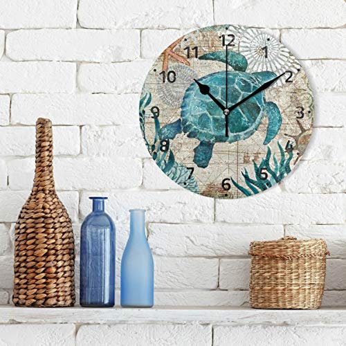 Sea Ocean Turtle Retro Map Wall Clock Silent Non Ticking Desk Clocks Battery Operated 10 Inch Easy to Read Wall Decorative for Living Room Bedroom Office Kitchen Quartz Analog Quiet Home Decor