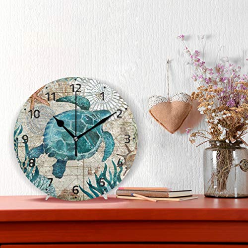 Sea Ocean Turtle Retro Map Wall Clock Silent Non Ticking Desk Clocks Battery Operated 10 Inch Easy to Read Wall Decorative for Living Room Bedroom Office Kitchen Quartz Analog Quiet Home Decor