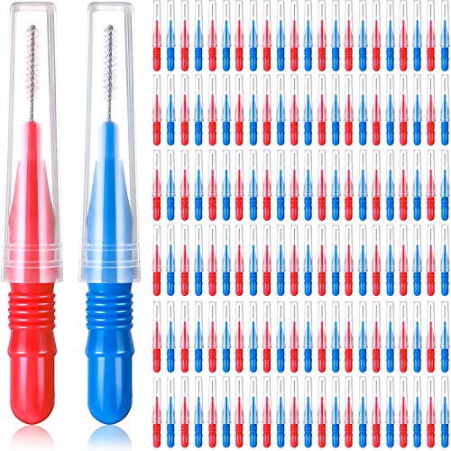 150 Pieces Interdental Brush Toothpick Tooth Flossing Head Oral Interdental Brush Flosser Toothpick Cleaners Tooth Cleaning Tool (Red, Blue,0.1 Inch, 0.12 Inch)