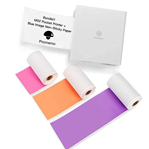 Phomemo M02 Mini Printer- Bluetooth Thermal Photo Printer with 3 Rolls Colorful Sticker Paper, Compatible with iOS + Android for Plan Journal, Study Notes, Art Creation, Work, Gift，White