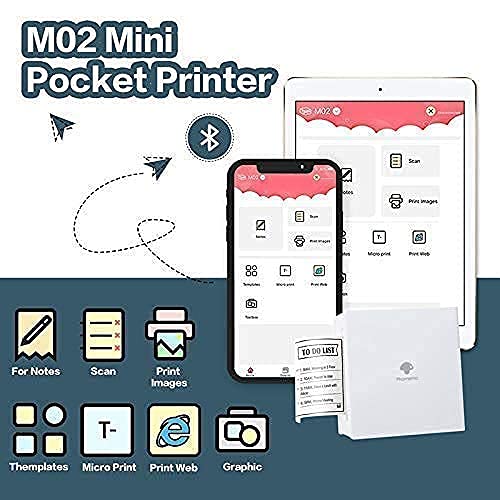 Phomemo M02 Mini Printer- Bluetooth Thermal Photo Printer with 3 Rolls Colorful Sticker Paper, Compatible with iOS + Android for Plan Journal, Study Notes, Art Creation, Work, Gift，White