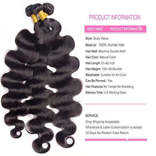 Fheaicr Human Hair Bundles 12A Brazilian Body Wave Bundles 100% Unprocessed Brazilian Hair 28 Inch Bundles Natural Black（1 Bundle)