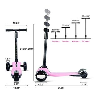 Kick Scooter for Kids 3 Wheels Scooters for Toddlers Girls Boys with Adjustable Height, Light Up Flashing Wheels, Lean-to-Steer, Sturdy Deck, Extra Wide, Quick-Release, for Ages 2-5 Years Old, Pink